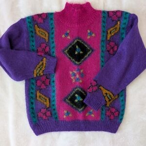 Michelle Stuart Fuchsia and Purple Mohair Patterned Turtleneck Sweater